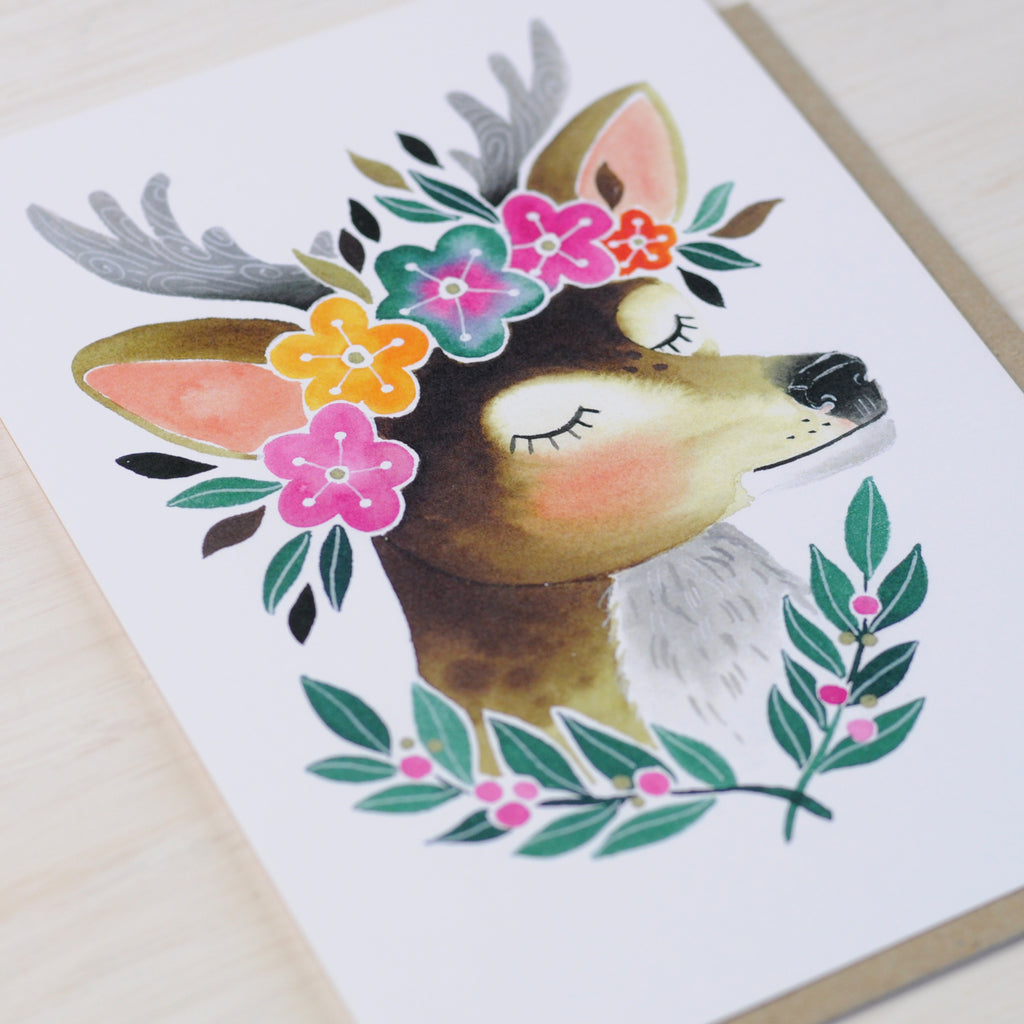 Greeting Card with illustrated deer wearing a flower crown