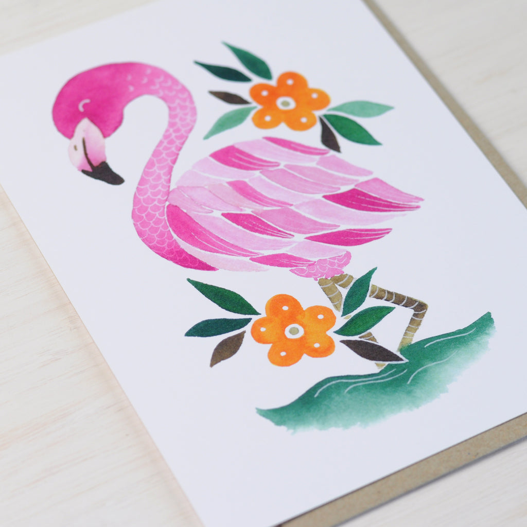 Greeting card featuring a cute flamingo illustration