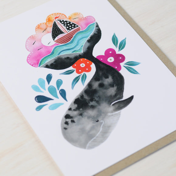 Cute Whale Card featuring whale illustration and sailboat motif
