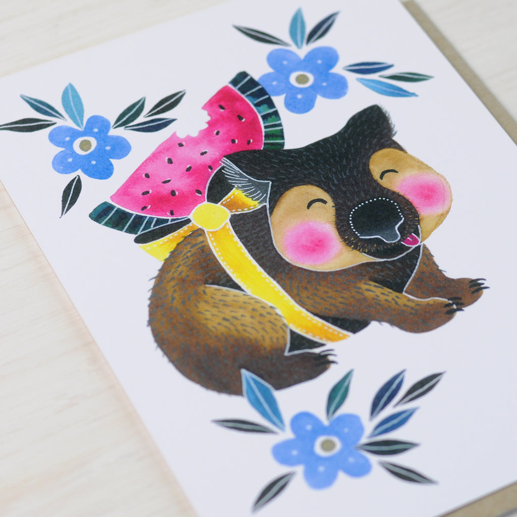 Cute illustrated birthday card featuring a wombat with a slice of watermelon