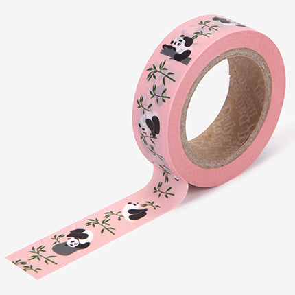A roll of Daily Like washi tape, featuring pandas eating bamboo on a bright pink background