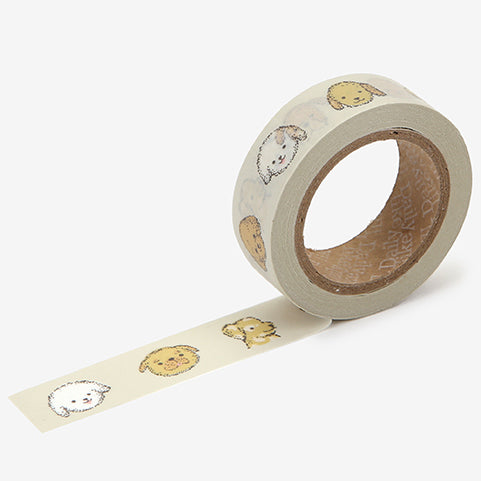 A roll of Daily Like washi tape, featuring pixel art dogs on a cream background