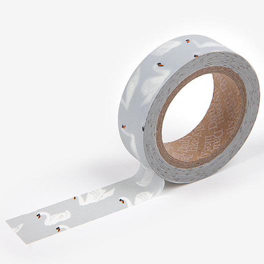 A roll of Daily Like washi tape, featuring white swans on a light grey background