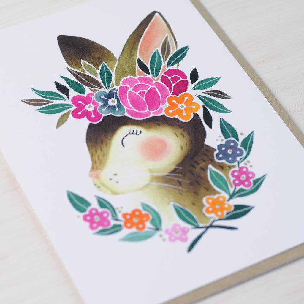 Bunny Greeting Card with cute rabbit and flowers