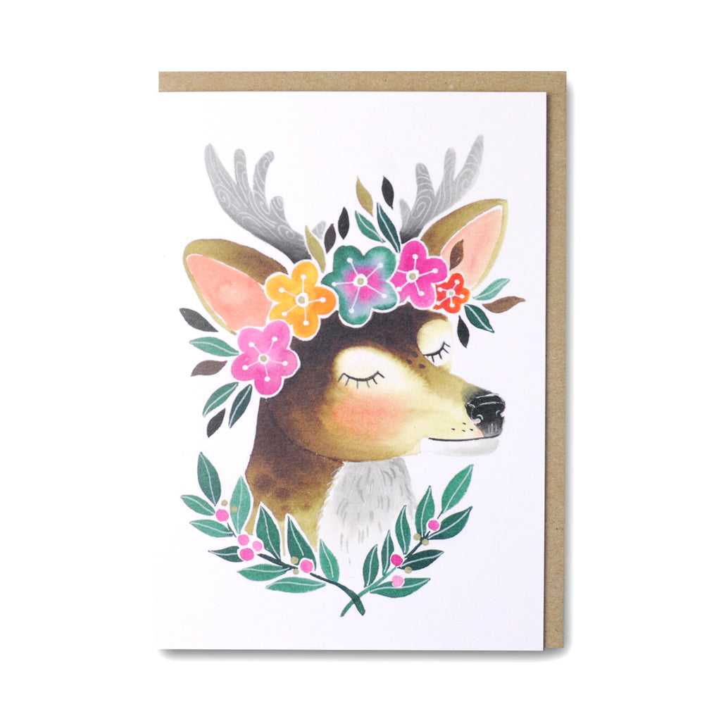 Deer Greeting Card featuring an cute illustrated deer wearing a flower crown