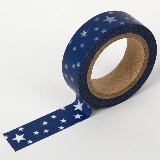 A roll of Daily Like washi tape, featuring white stars on a navy blue background
