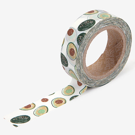 A roll of Daily Like washi tape, featuring whole and halved avocados on a white background