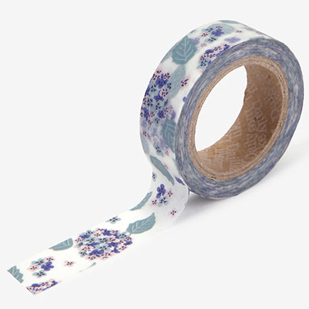 A roll of Daily Like washi tape, featuring hydrangeas on a white background