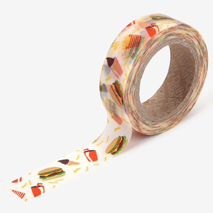 A roll of Daily Like washi tape, featuring hamburgers and pizza on a white background