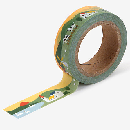 A roll of Daily Like washi tape, featuring a rural village landscape