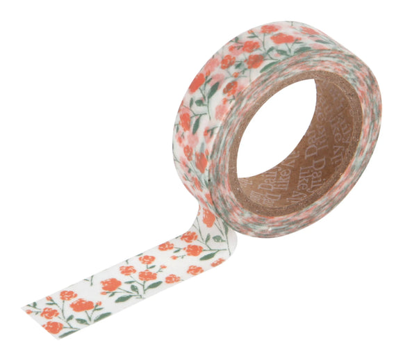 A roll of Daily Like washi tape, featuring pink roses on a white background
