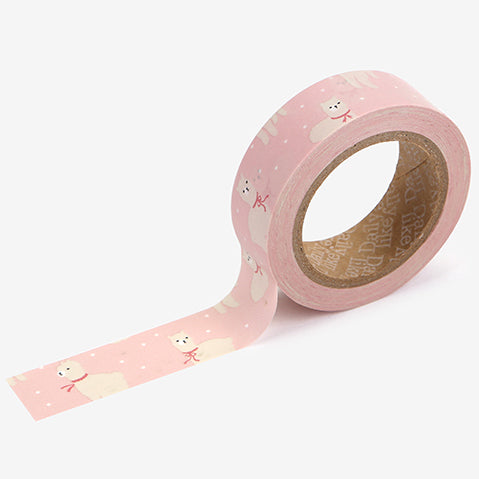 A roll of Daily Like washi tape, featuring white alpacas on a light pink background