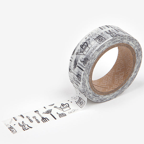 A roll of Daily Like washi tape, featuring sketches of gardening tools on a white background
