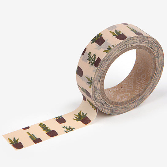 A roll of Daily Like washi tape, featuring succulent pot plants on a cream background
