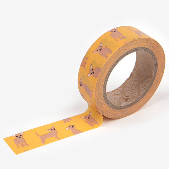 A roll of Daily Like washi tape, featuring chihuahuas on a yellow background