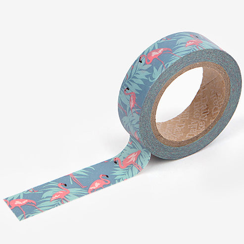 A roll of Daily Like washi tape, featuring flamingos on a sea blue background