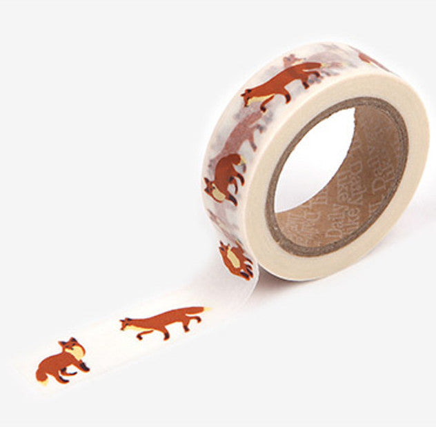 A roll of Daily Like washi tape, featuring red foxes on a white background