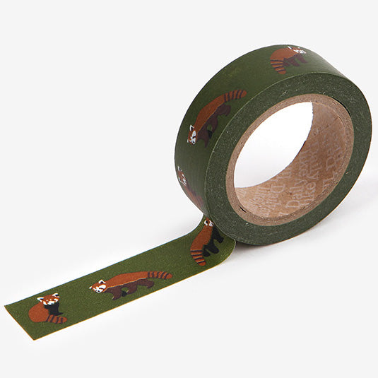 A roll of Daily Like washi tape, featuring red pandas on a green background