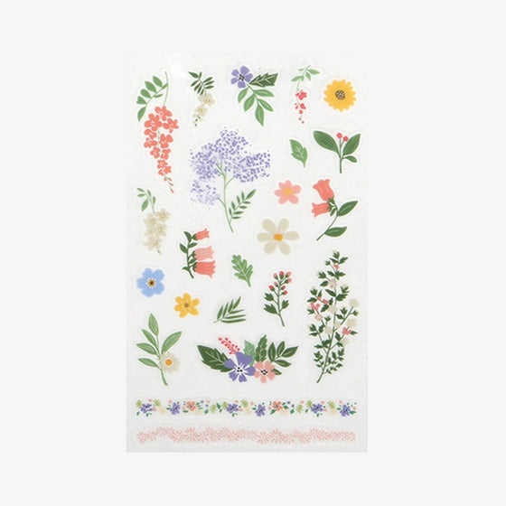 A sheet of Daily Like Spring Flower stickers, featuring pastel coloured flowers