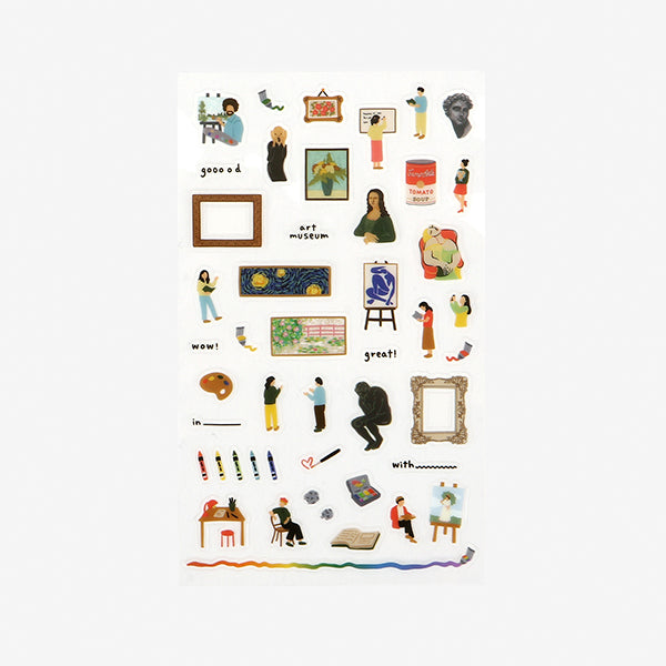 A sheet of Daily Like stickers, featuring stickers of famous artworks, art supplies, and picture frames